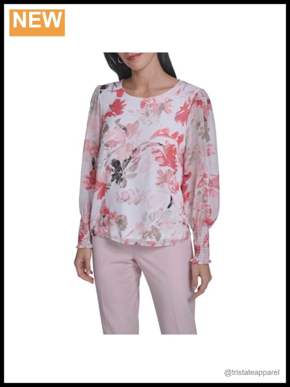 Mixed Media Long Sleeve Smocked Cuff Blouse